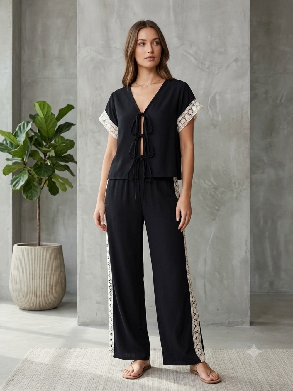 Boho Crochet-Trim Matching Set: Tie-Front Short-Sleeve Top & Wide-Leg Pants